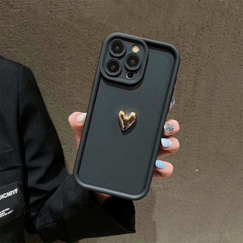 3D Gold Heart Silicone Soft Phone Case For iPhone 15 14 13 12 11 16 17 Pro Max XS XR 7 8 Plus SE Shockproof Candy Matte Cover
